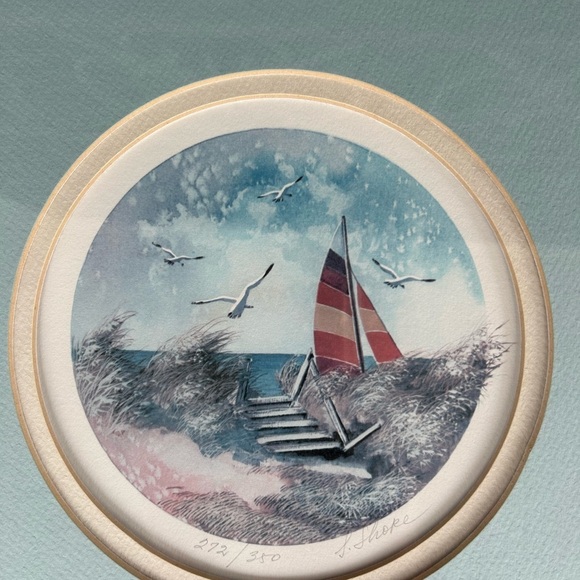 Waters Edge Signed by Irene Shore Framed Nautical Lithograph with Sailboat. - Picture 2 of 8